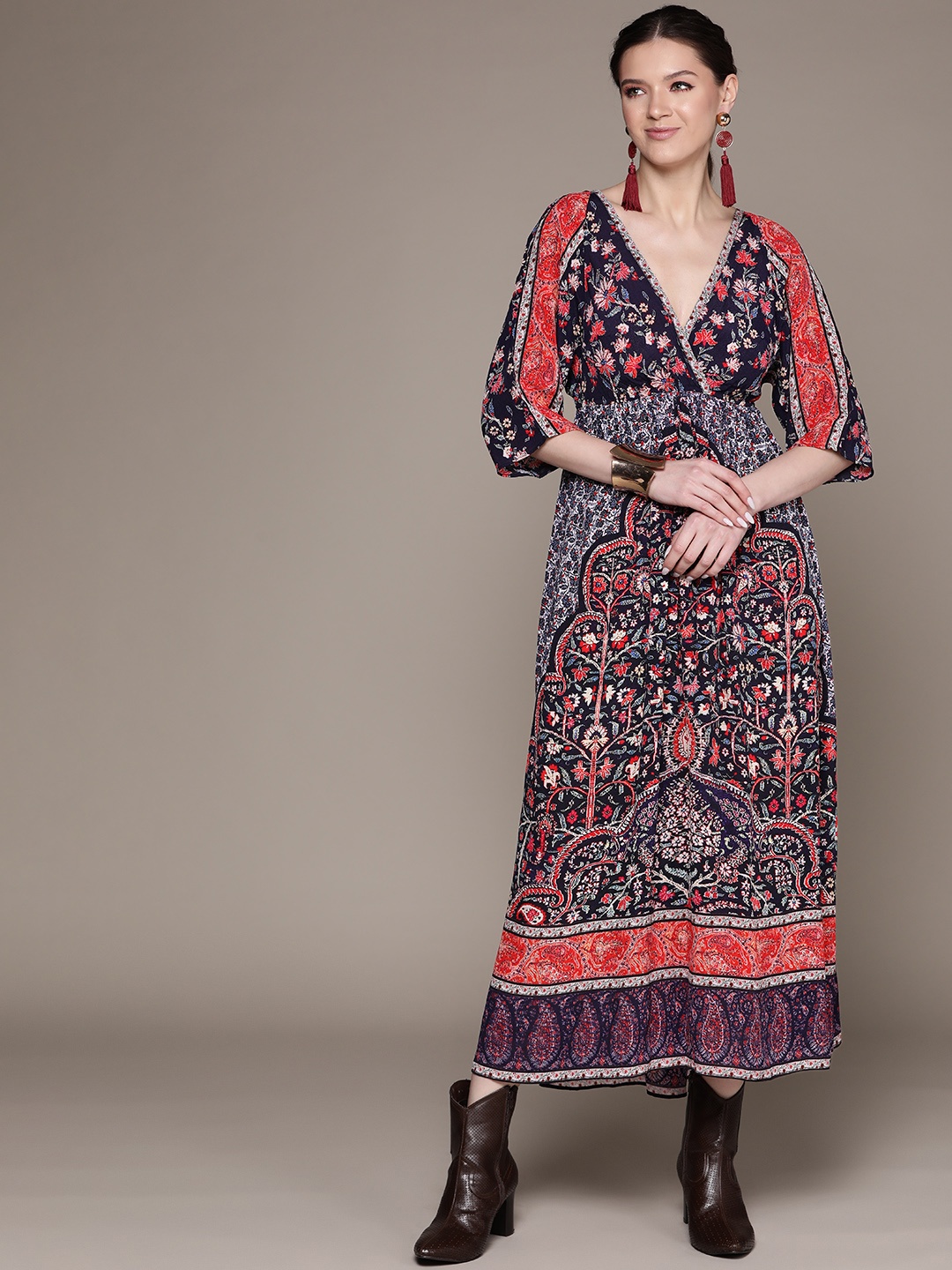 

Label Ritu Kumar Women Navy Blue & Rust Red Ethnic Motifs Printed A-Line Maxi Dress