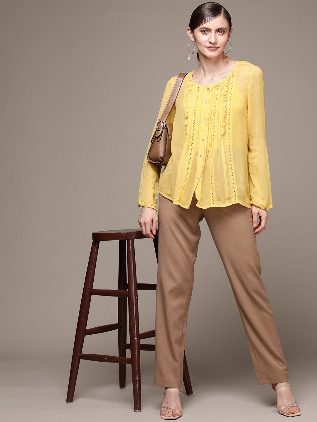 

Label Ritu Kumar Yellow Ruffles Georgette Shirt Style Top