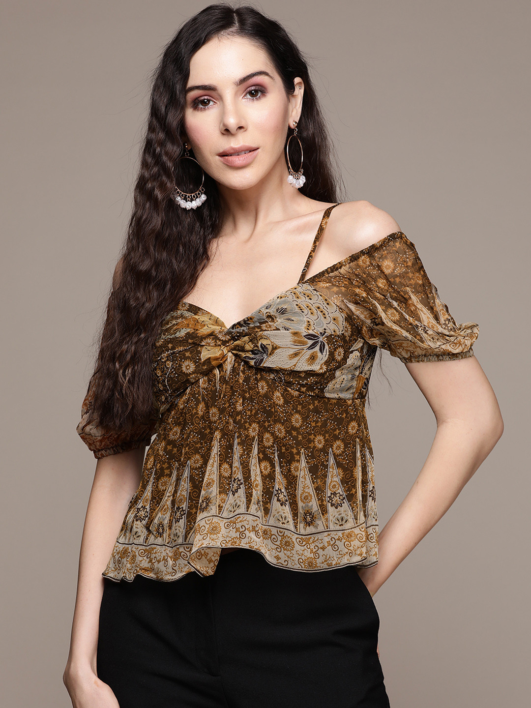 

Label Ritu Kumar Brown Print Off-Shoulder Chiffon Bardot Top