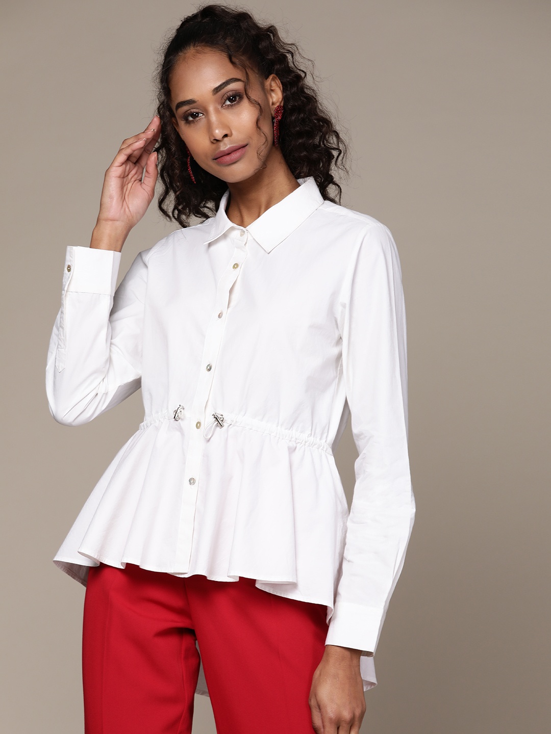 

Label Ritu Kumar Women White Regular Fit Solid Opaque Pure Cotton Ruffles Formal Shirt