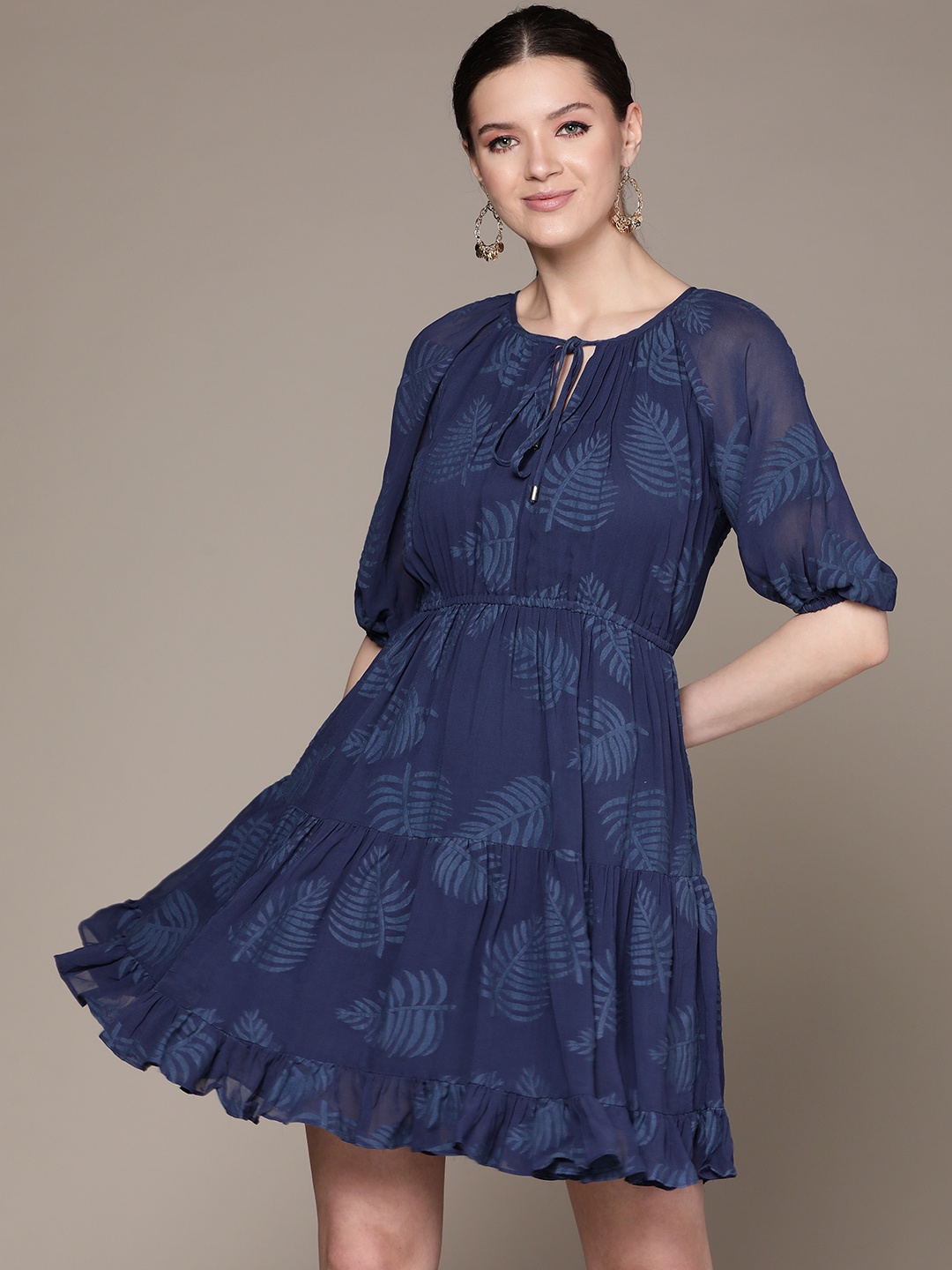 

Label Ritu Kumar Women Navy Blue Tropical Embroidered Tie-Up Neck Tiered A-Line Dress
