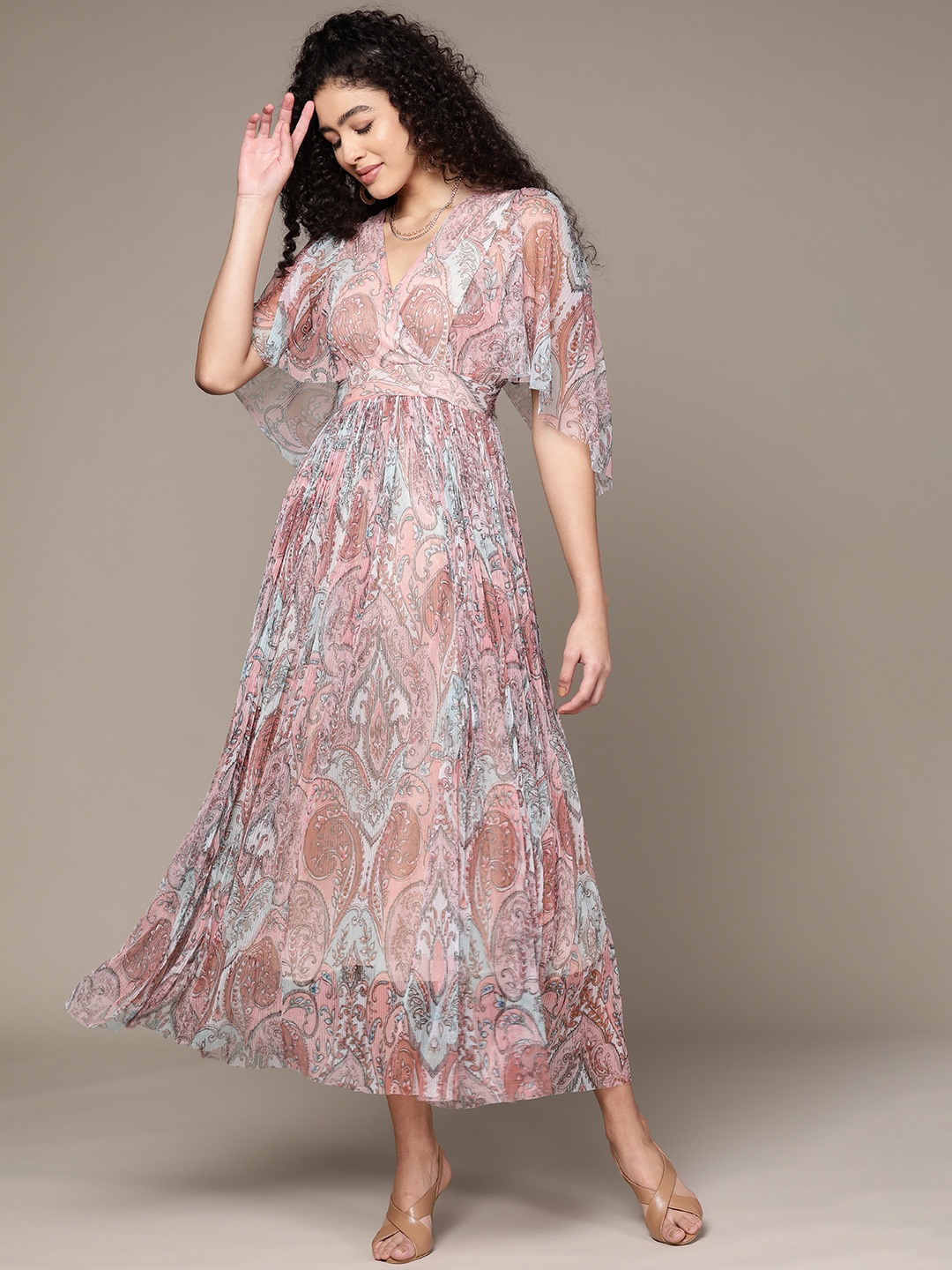 

Label Ritu Kumar Mauve Pink & Blue Ethnic Motifs Print V-Neck Flared Sleeves Empire Dress