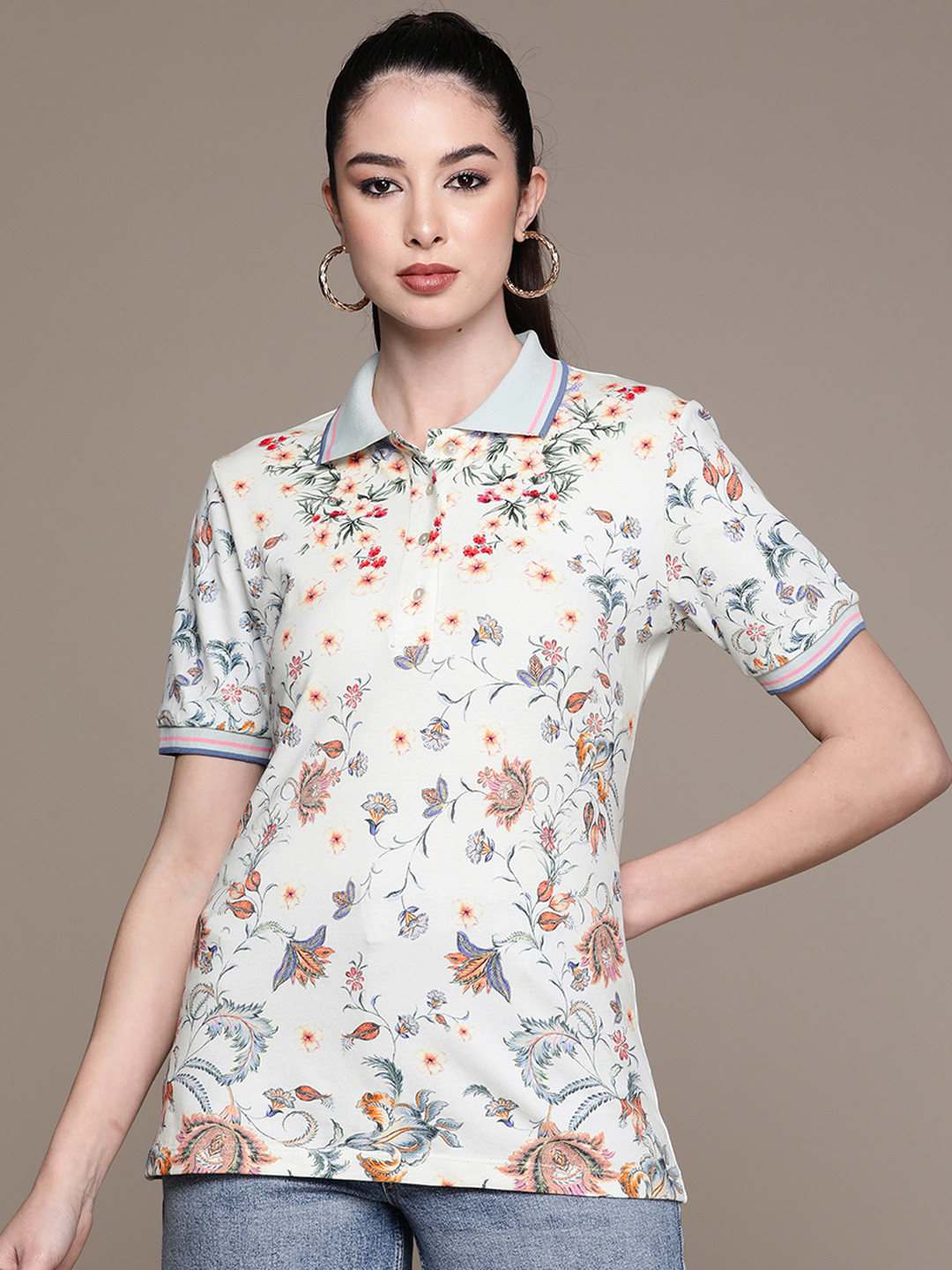 

Label Ritu Kumar Women Powder Blue Floral Print Polo Collar Regular Sleeves T-shirt