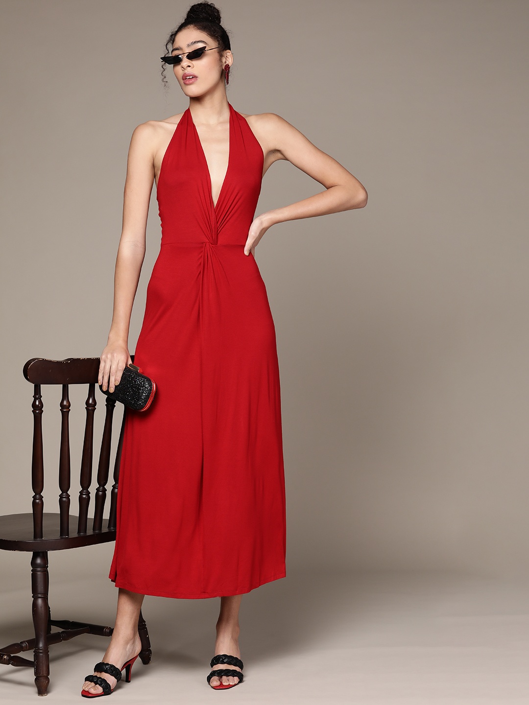 

Label Ritu Kumar Women Red Solid Halter Knotted Neck A-Line Maxi Dress