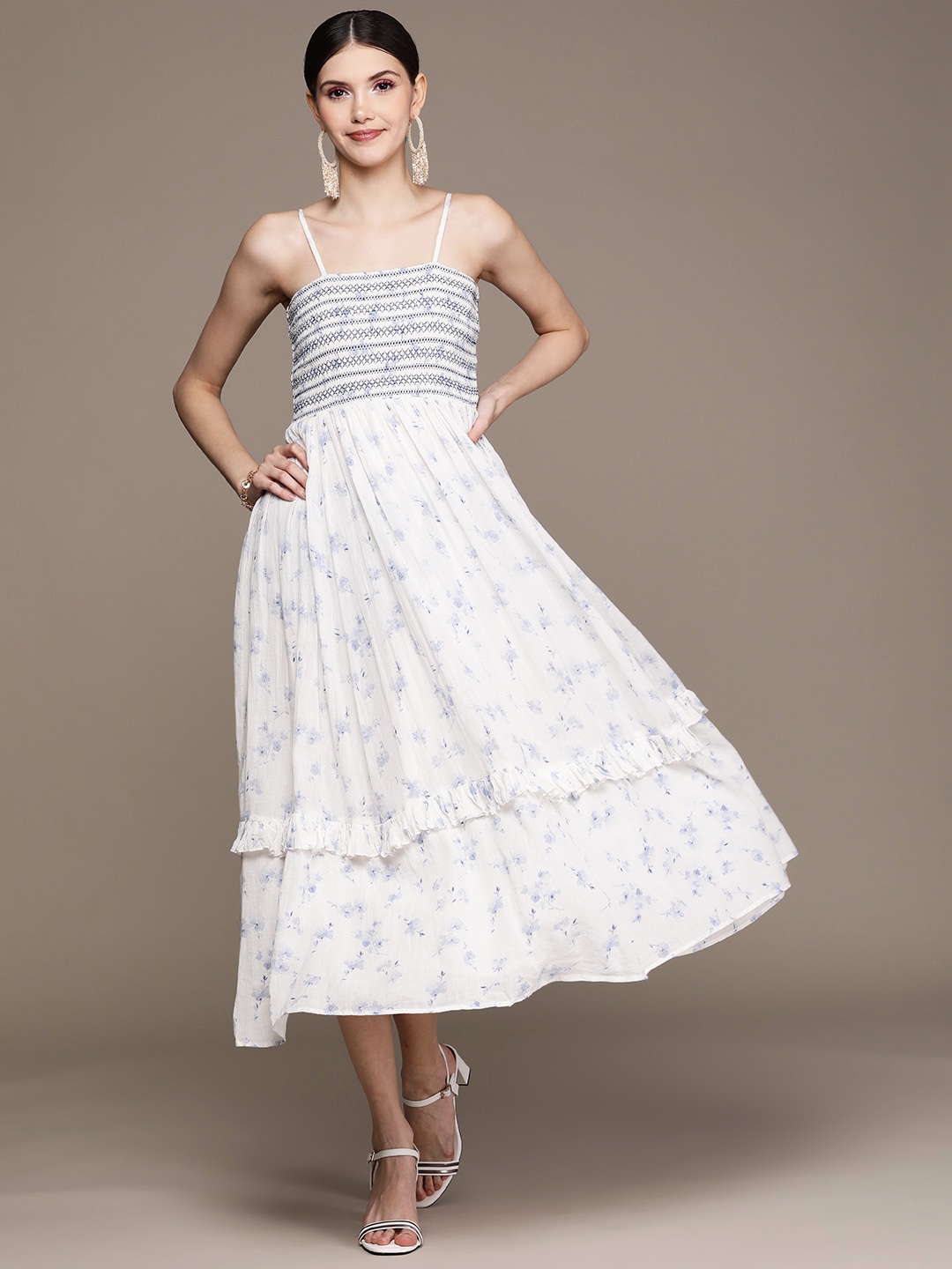 

Label Ritu Kumar White & Blue Floral Midi Dress
