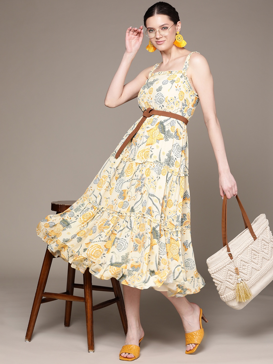

Label Ritu Kumar Women Yellow Floral Printed Ruffle Detail Crepe A-Line Midi Dress