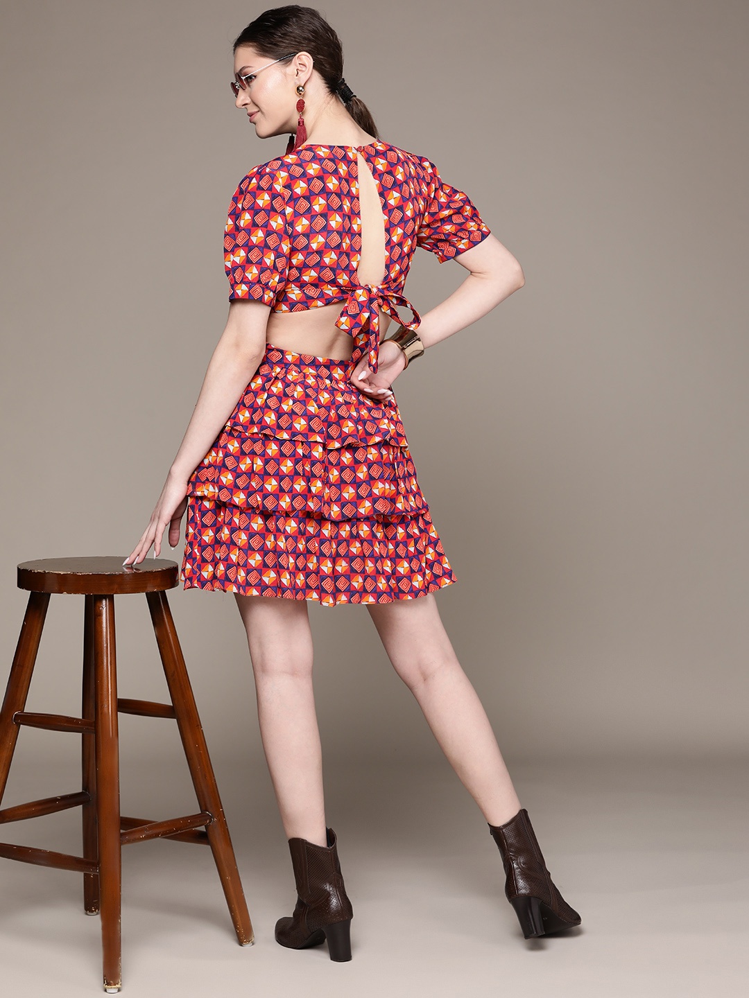 

Label Ritu Kumar Women Red & Orange Geometric Printed Cut-Out Detail Layered A-Line Dress