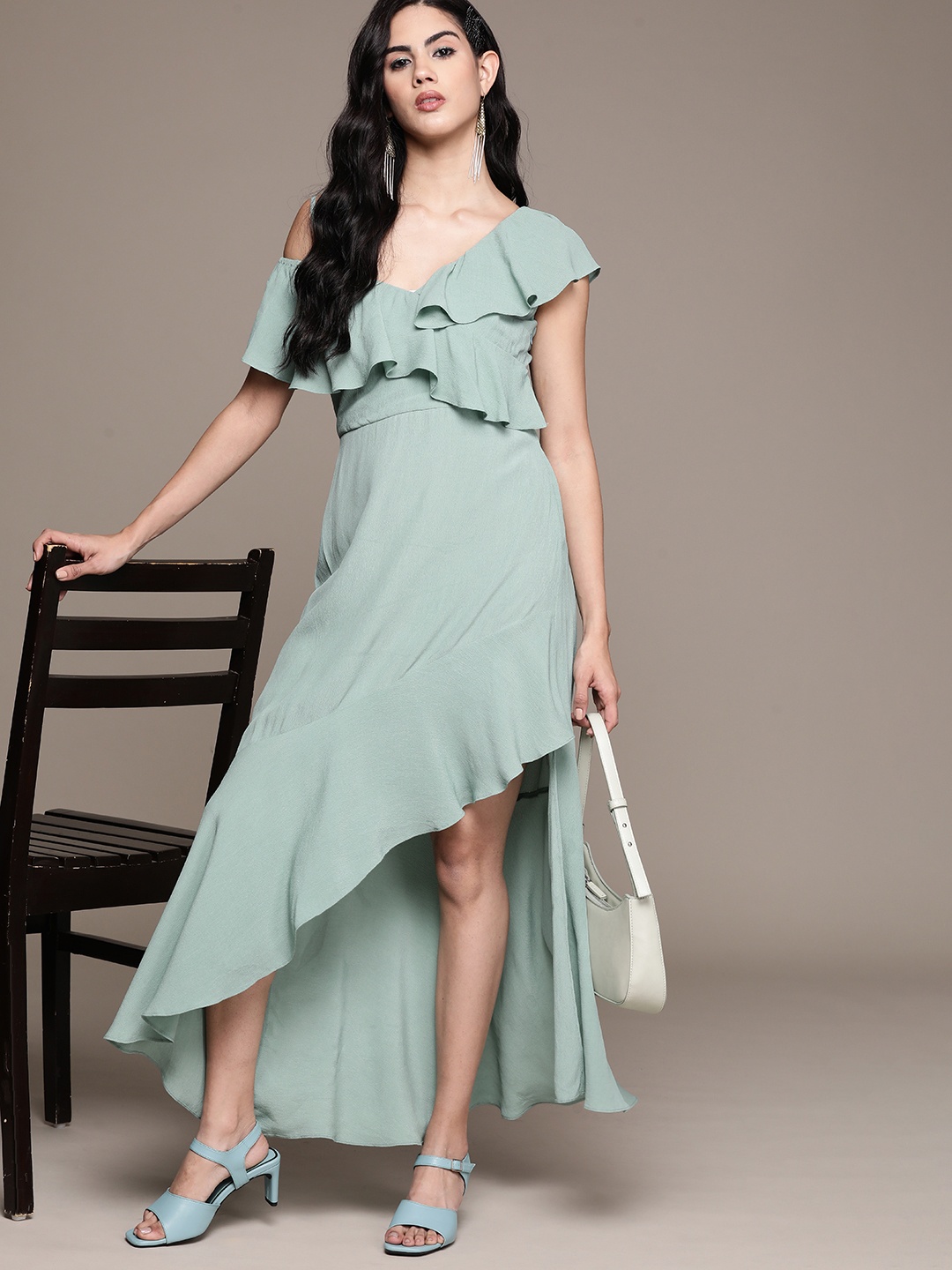 

Label Ritu Kumar Women Mint Green Cotton Poplin One Shoulder Neck Playsuit with Ruffles