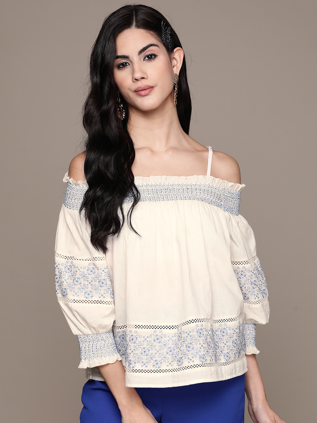 

Label Ritu Kumar Off White & Blue Solid Off-Shoulder Embroidered Lace A-Line Top