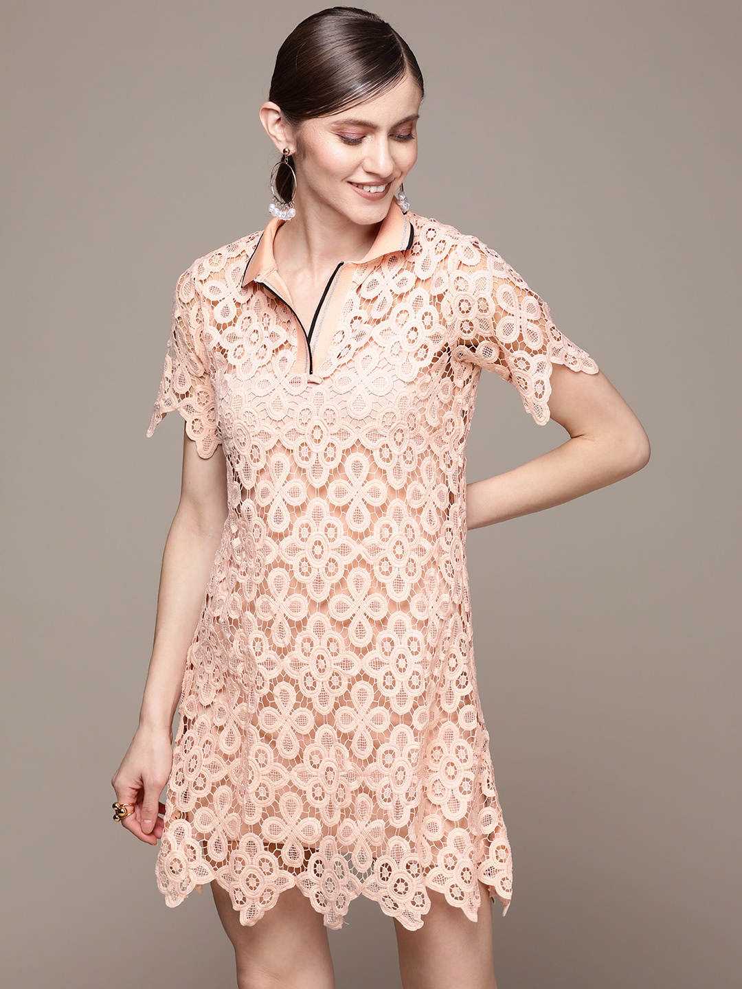 

Label Ritu Kumar Peach-Coloured Lace T-shirt Mini Dress & Camisole