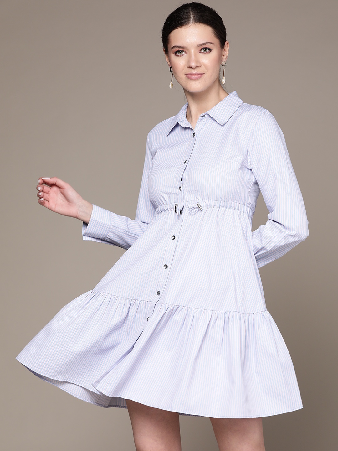 

Label Ritu Kumar Blue & White Striped Shirt Collar Cuffed Sleeves Pure Cotton Shirt Dress