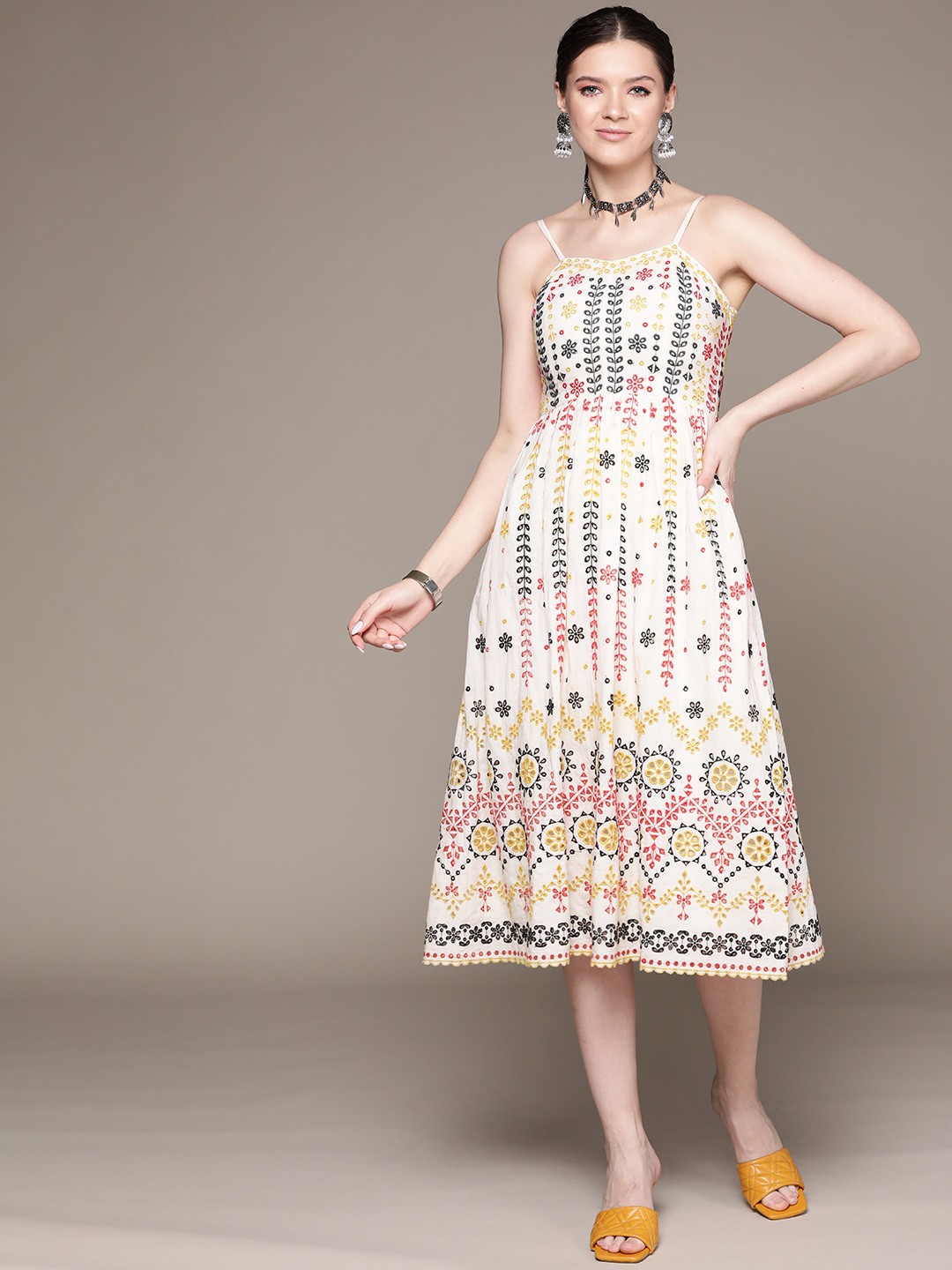 

Label Ritu Kumar Women White & Black Ethnic Motifs Embroidered Schiffli A-Line Midi Dress
