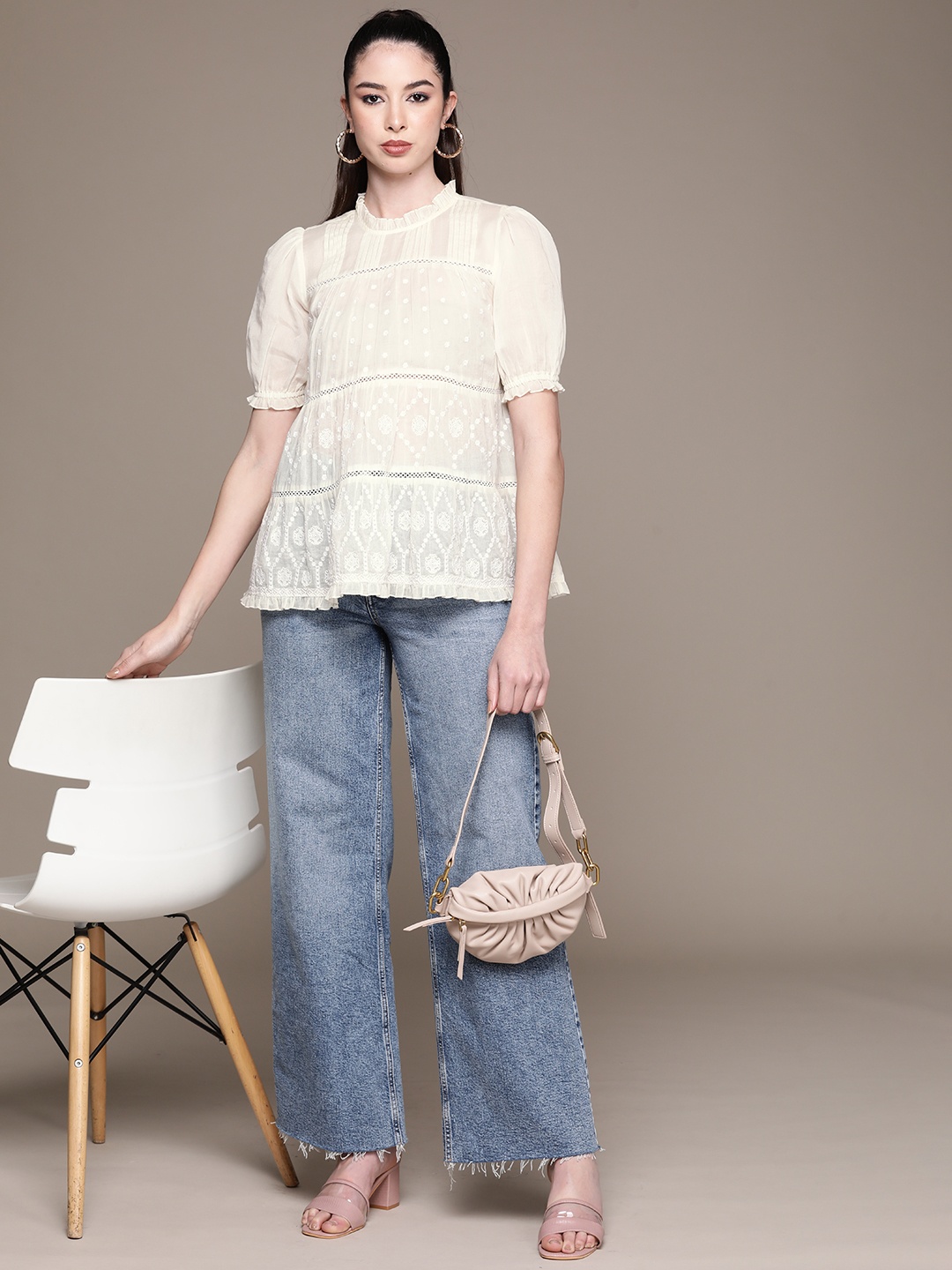 

Label Ritu Kumar Off White Ethnic Motifs Embroidered Pure Cotton Lace Inserts A-Line Top