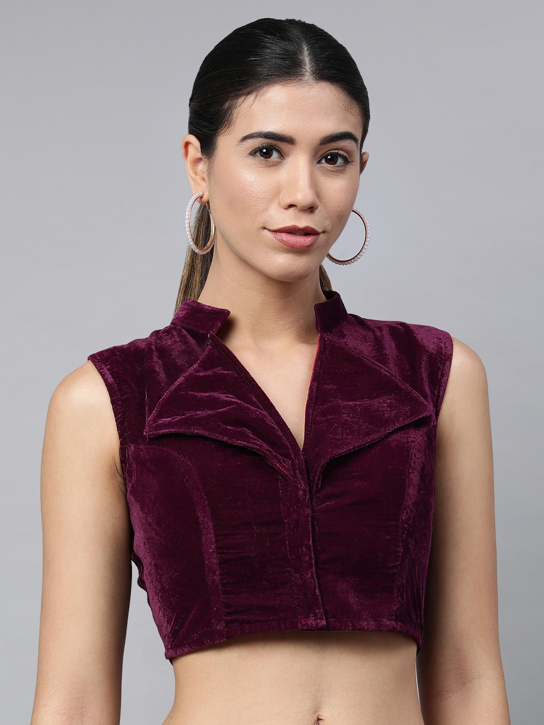 

flaher Women Burgandy Solid Velvet Styled Back Ready Made Padded Blouse, Burgundy