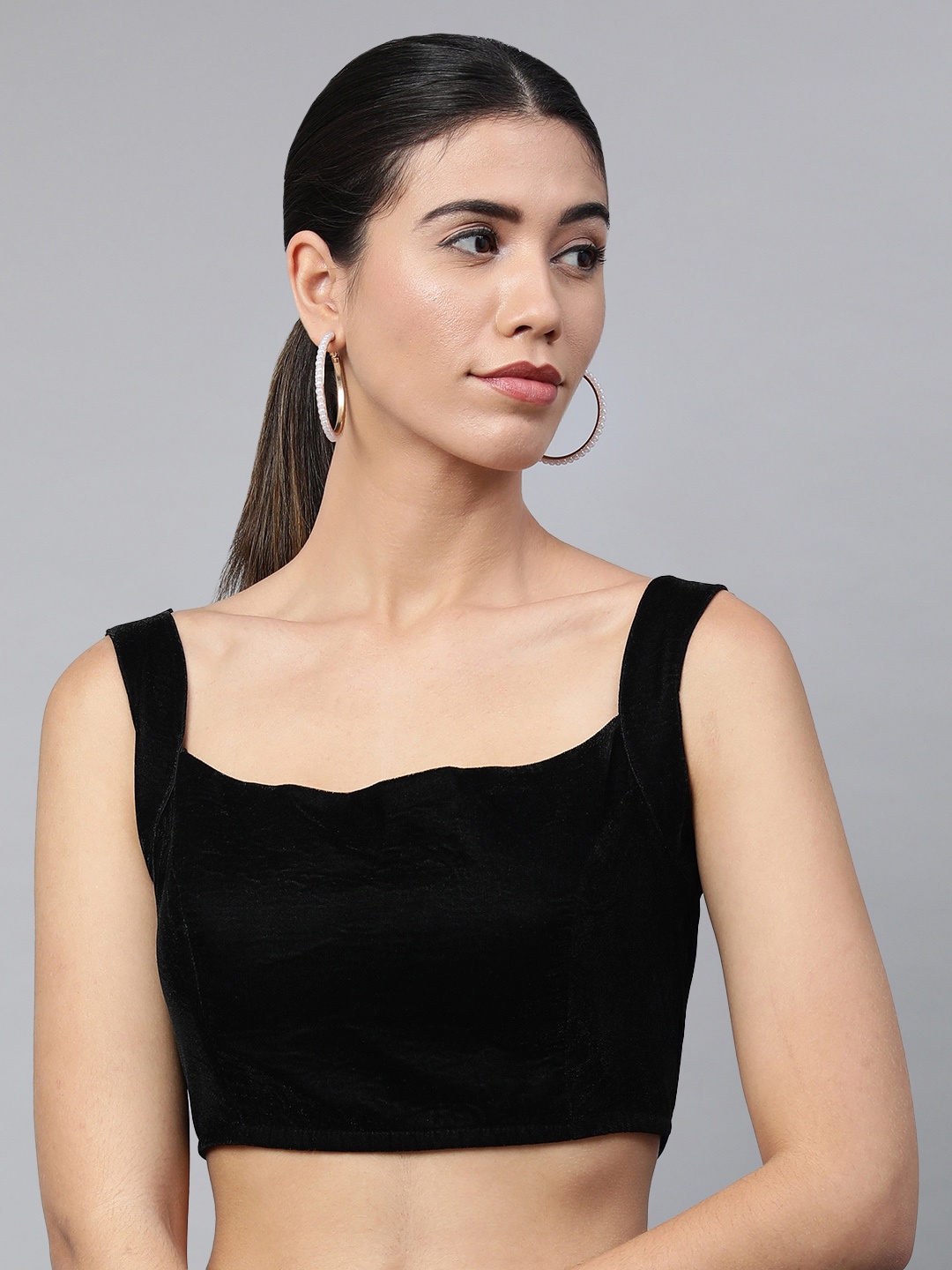 

flaher Women Black Solid Velvet Backless Ready Made Padded Blouse
