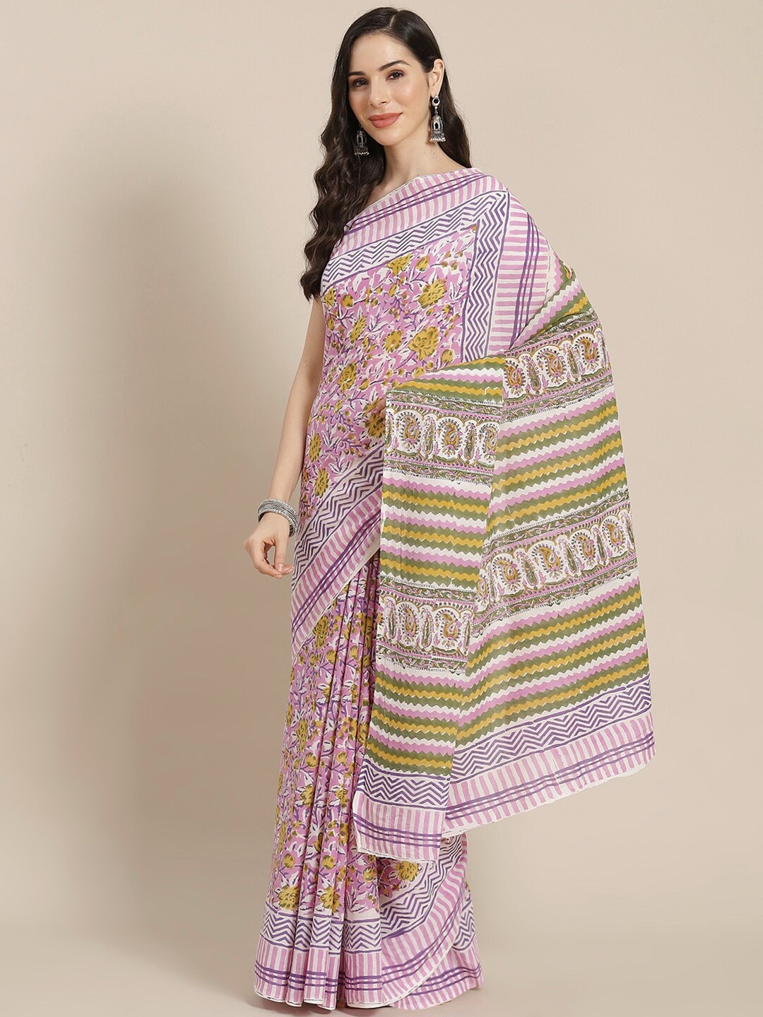 

Libas Pink & White Floral Pure Cotton Saree