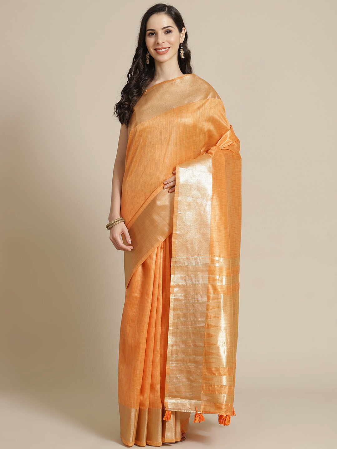 

Libas Orange & Gold-Toned Zari Silk Blend Saree