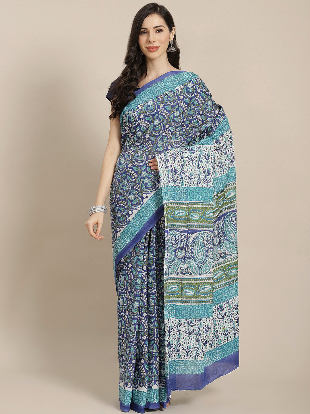 

Libas Blue & White Ethnic Motifs Pure Cotton Saree