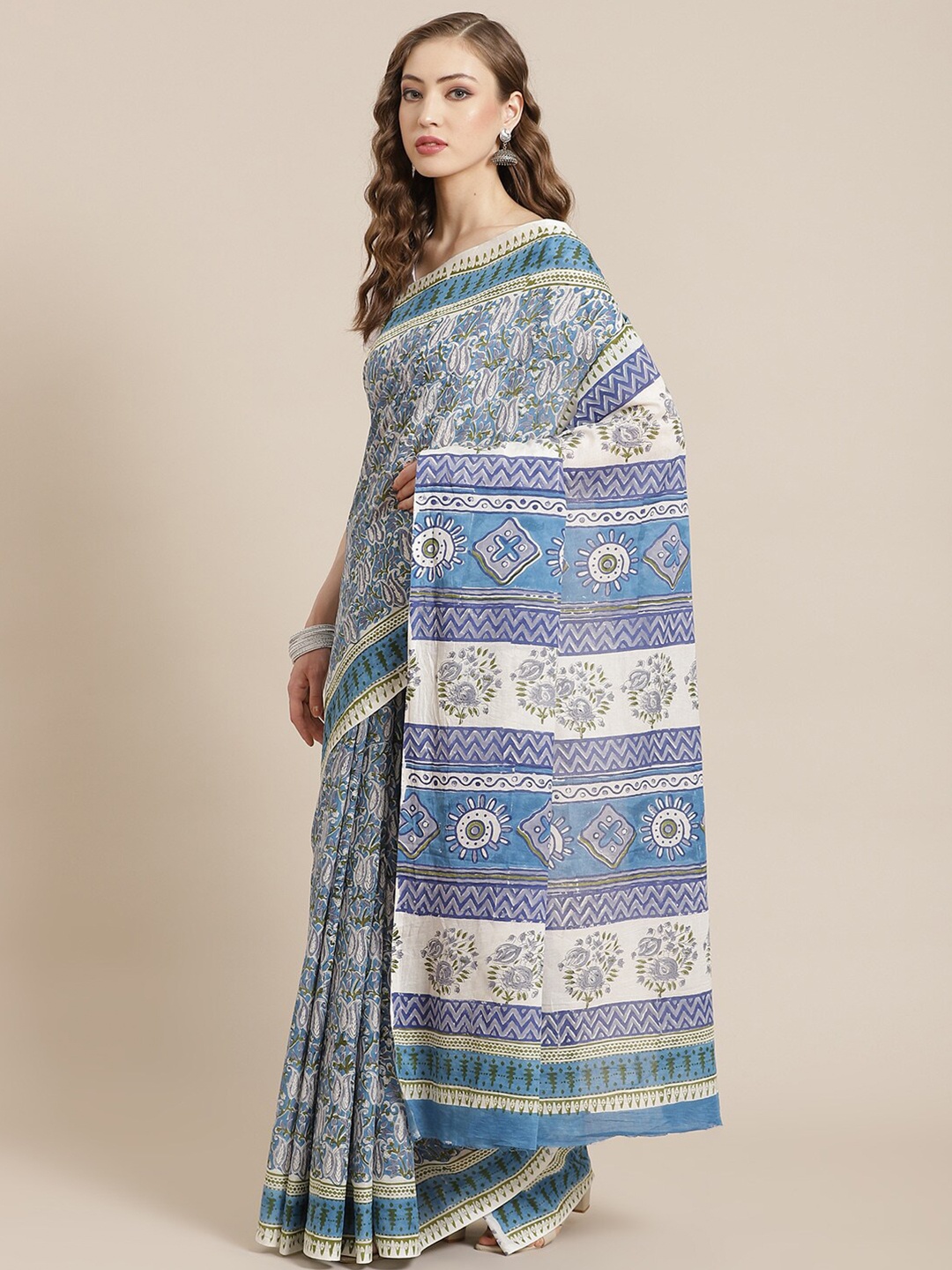 

Libas Blue & White Floral Printed Pure Cotton Saree