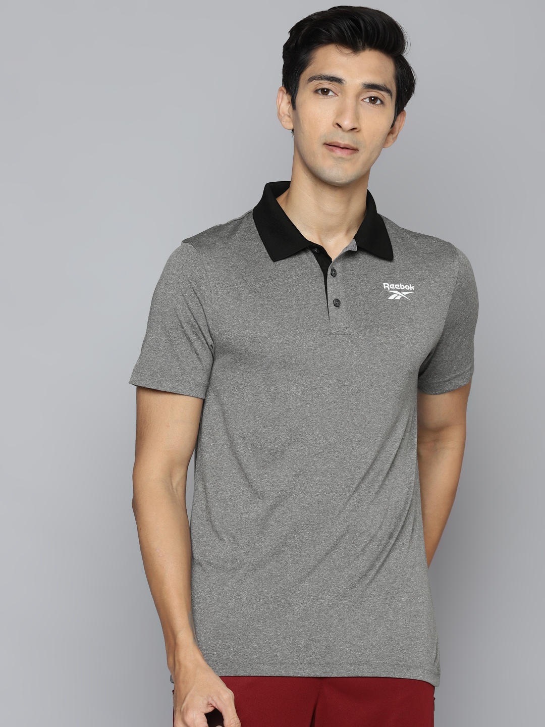 

Reebok Men Grey GRN Brand Logo Printed Speedwick Polo Collar Training T-shirt