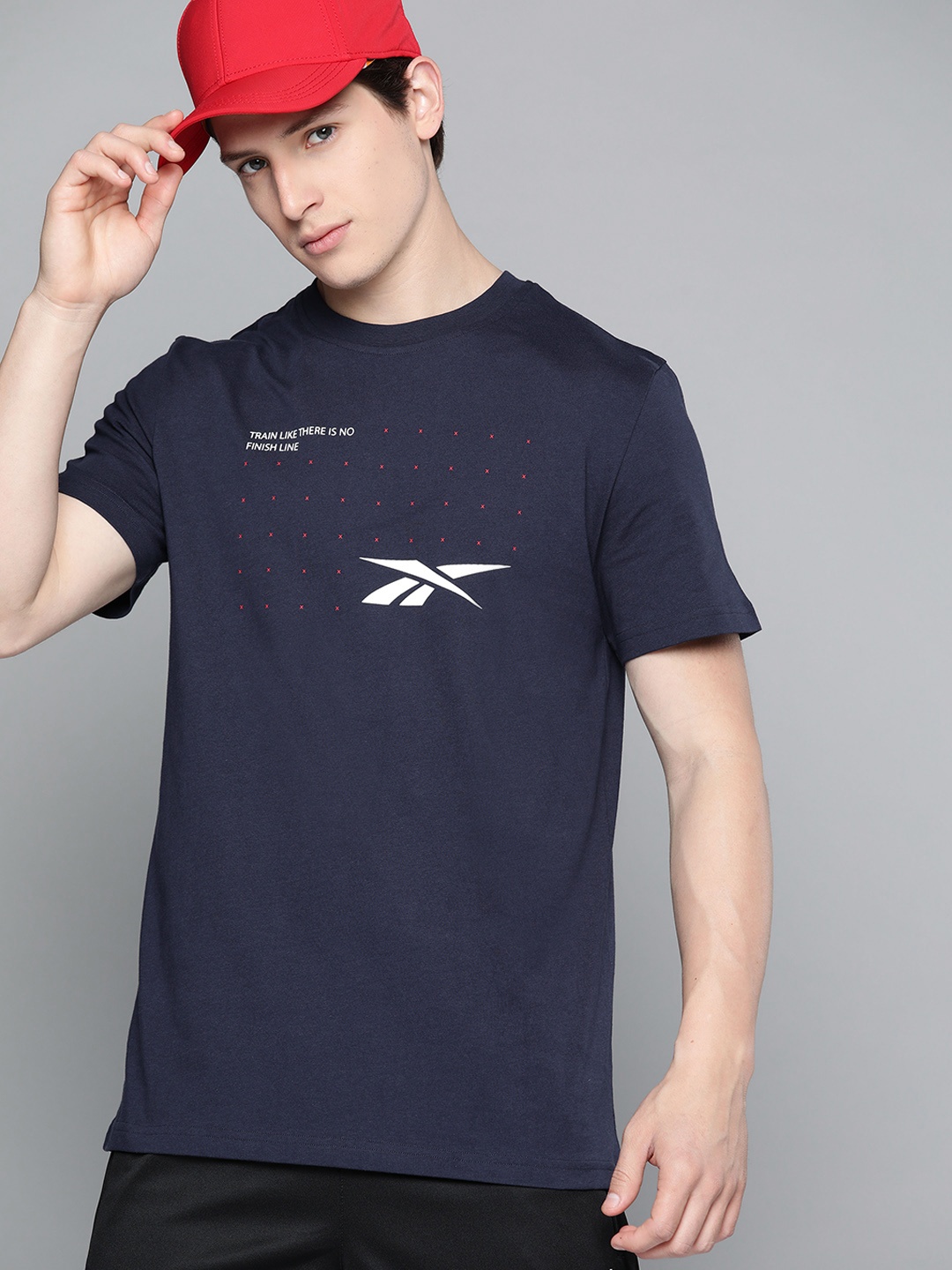 

Reebok Men Navy Blue Prime Brand Logo Print Pure Cotton Training T-shirt