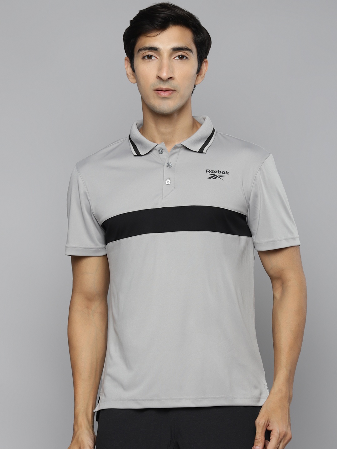 

Reebok Men Grey Performance Striped Polo Speedwick Training T-shirt