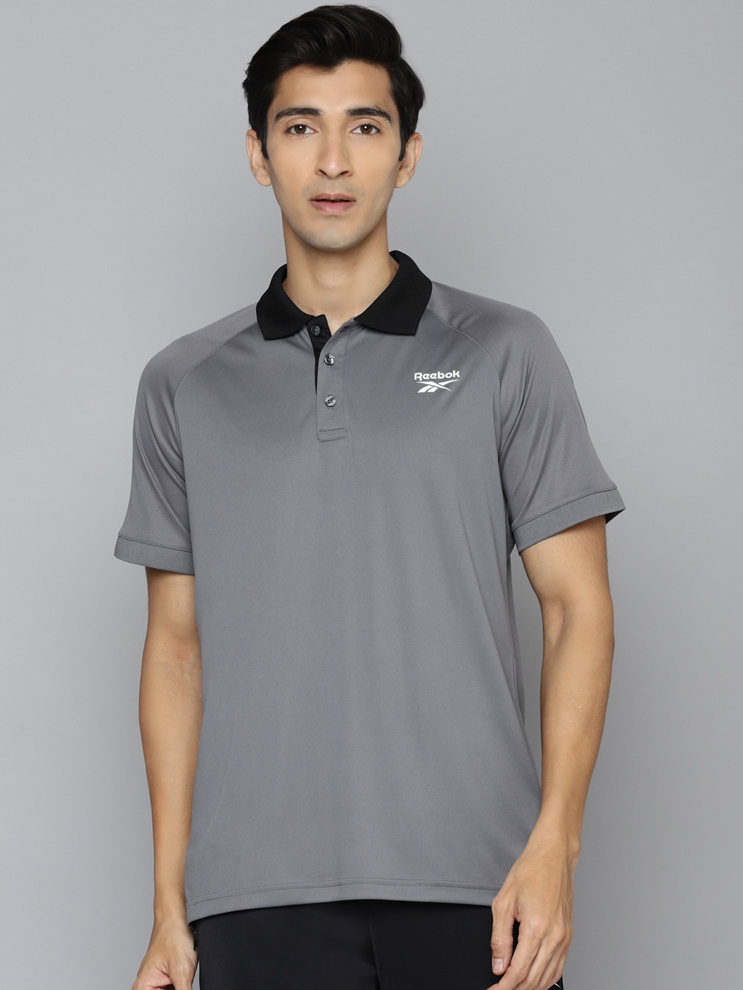 

Reebok Men Grey RAG Training Polo Sustainable Speedwick T-shirt