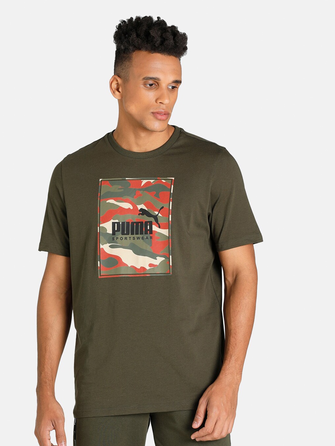 

Puma Men Green & Red Camouflage Printed Cotton T-shirt