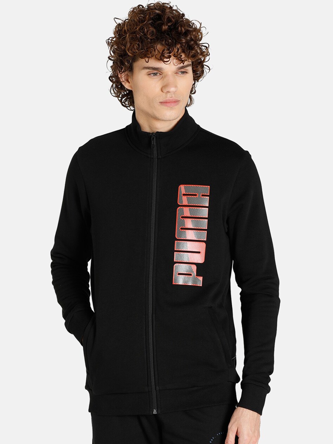 

Puma Men Black Red Printed Stand Collar Slim Fit Bomber Track Jacket