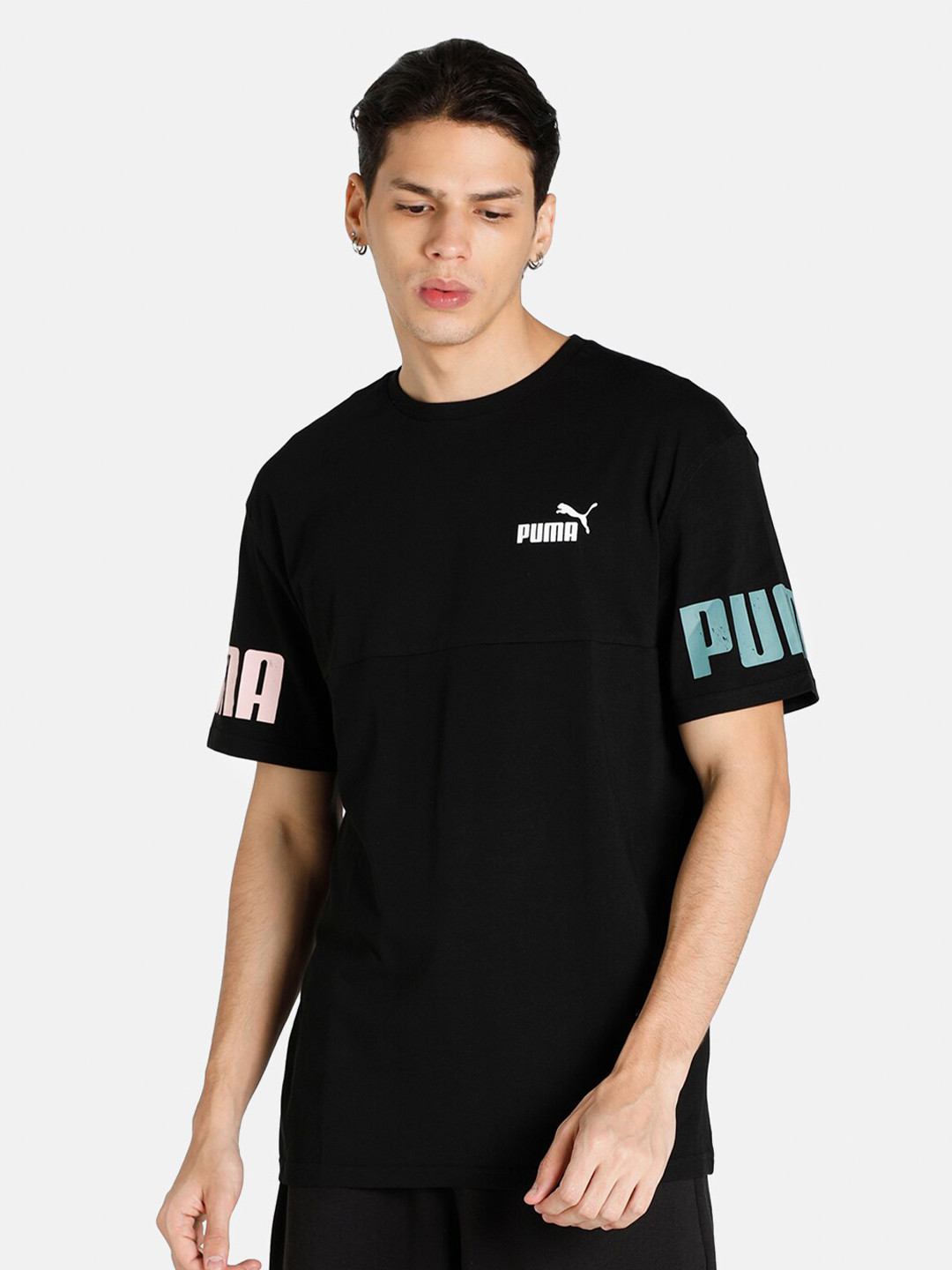 

Puma Men Black & Turquoise Blue Brand Logo Printed Relaxed Fit Cotton T-shirt
