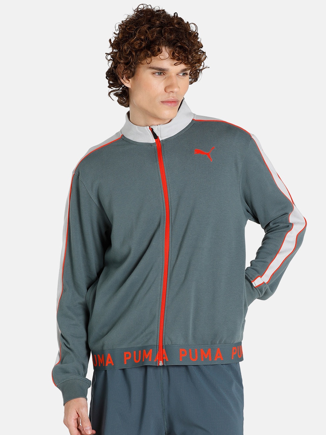 

Puma Men Grey & Red Brand Logo Printed Training or Gym Sporty Track Sustainable Jacket