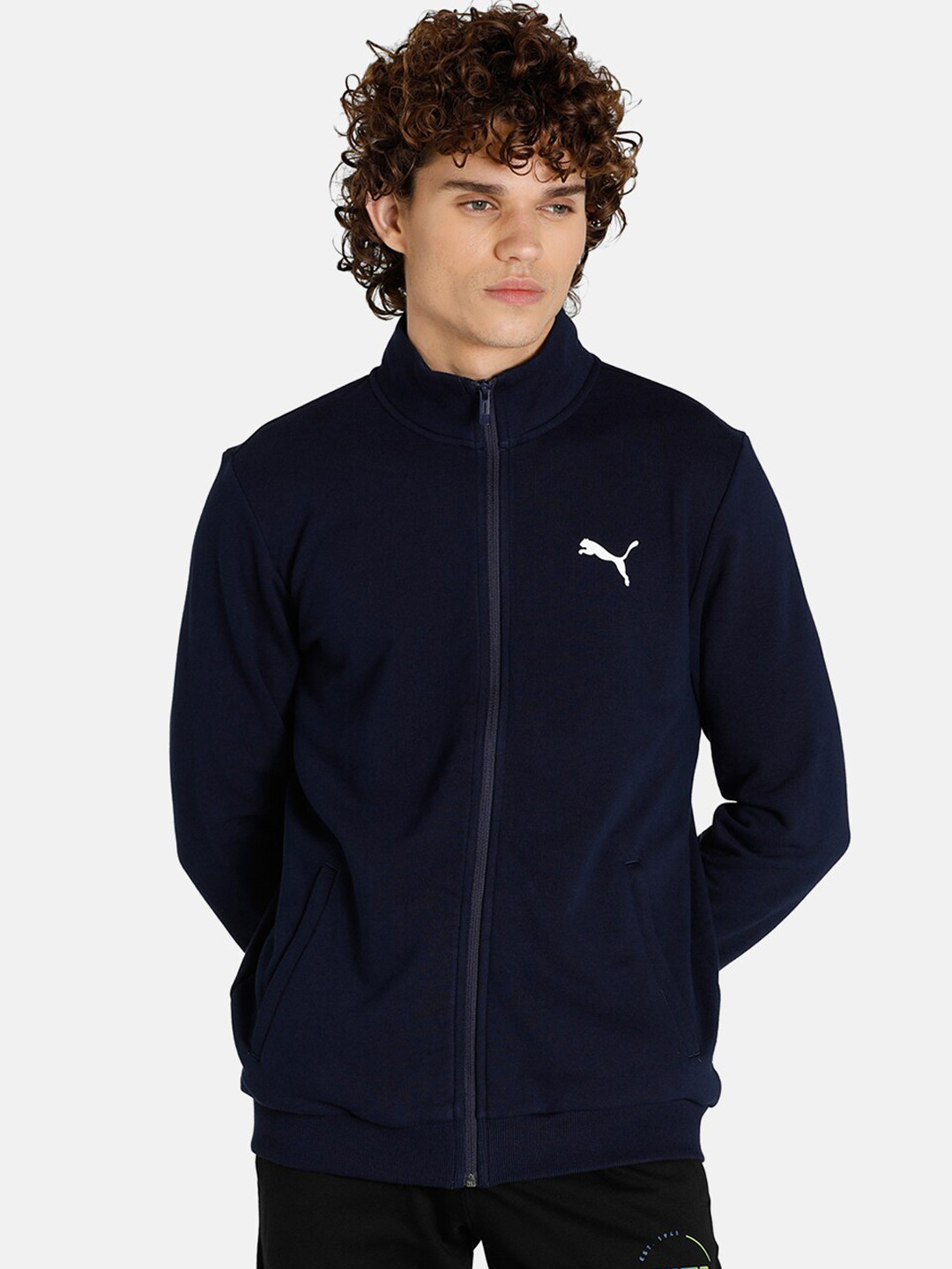 

Puma Men Blue White Solid Stand Collar Slim Fit Bomber Track Jacket