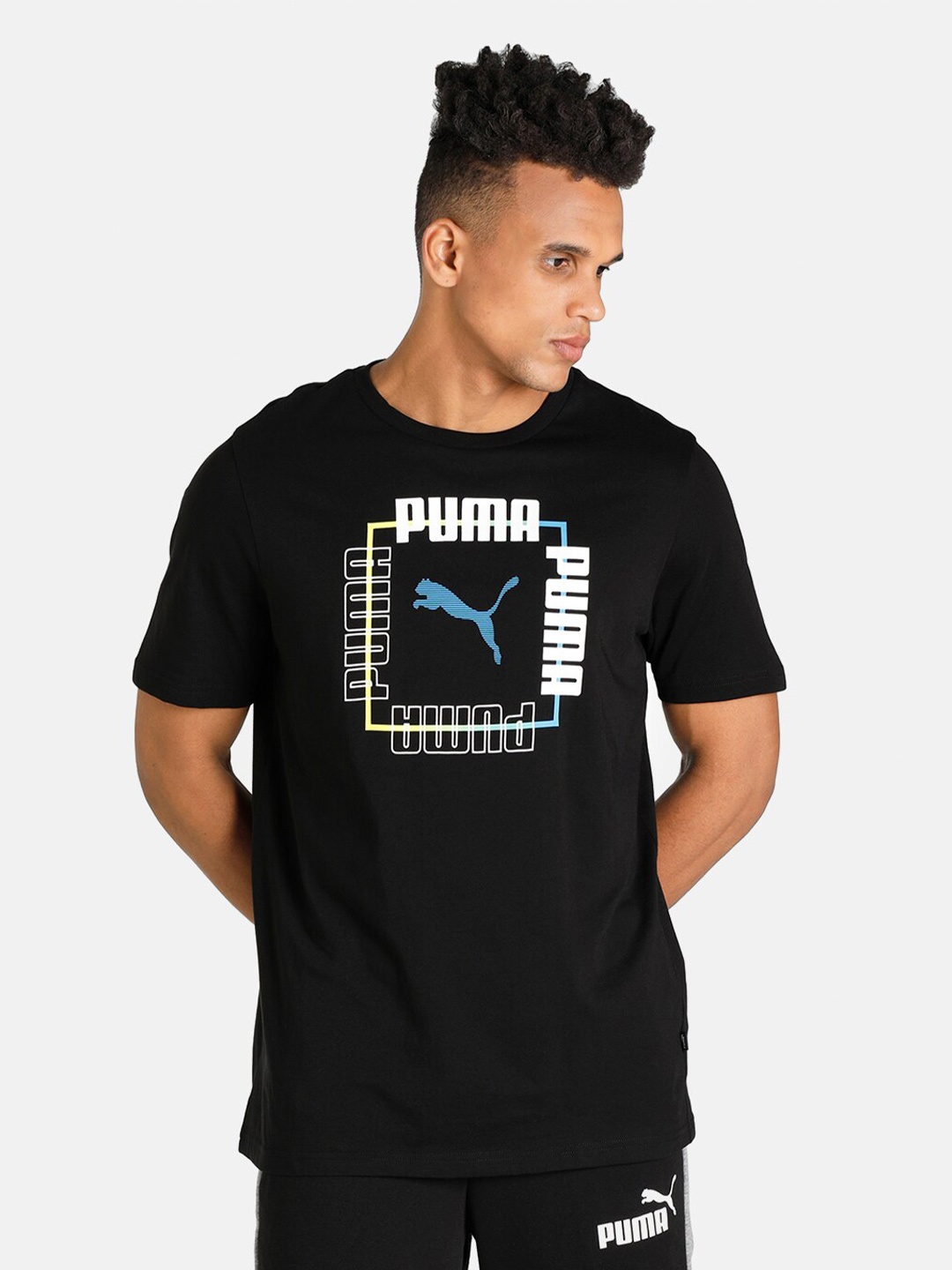 

Puma Men Black & White Brand Logo Printed Cotton T-shirt