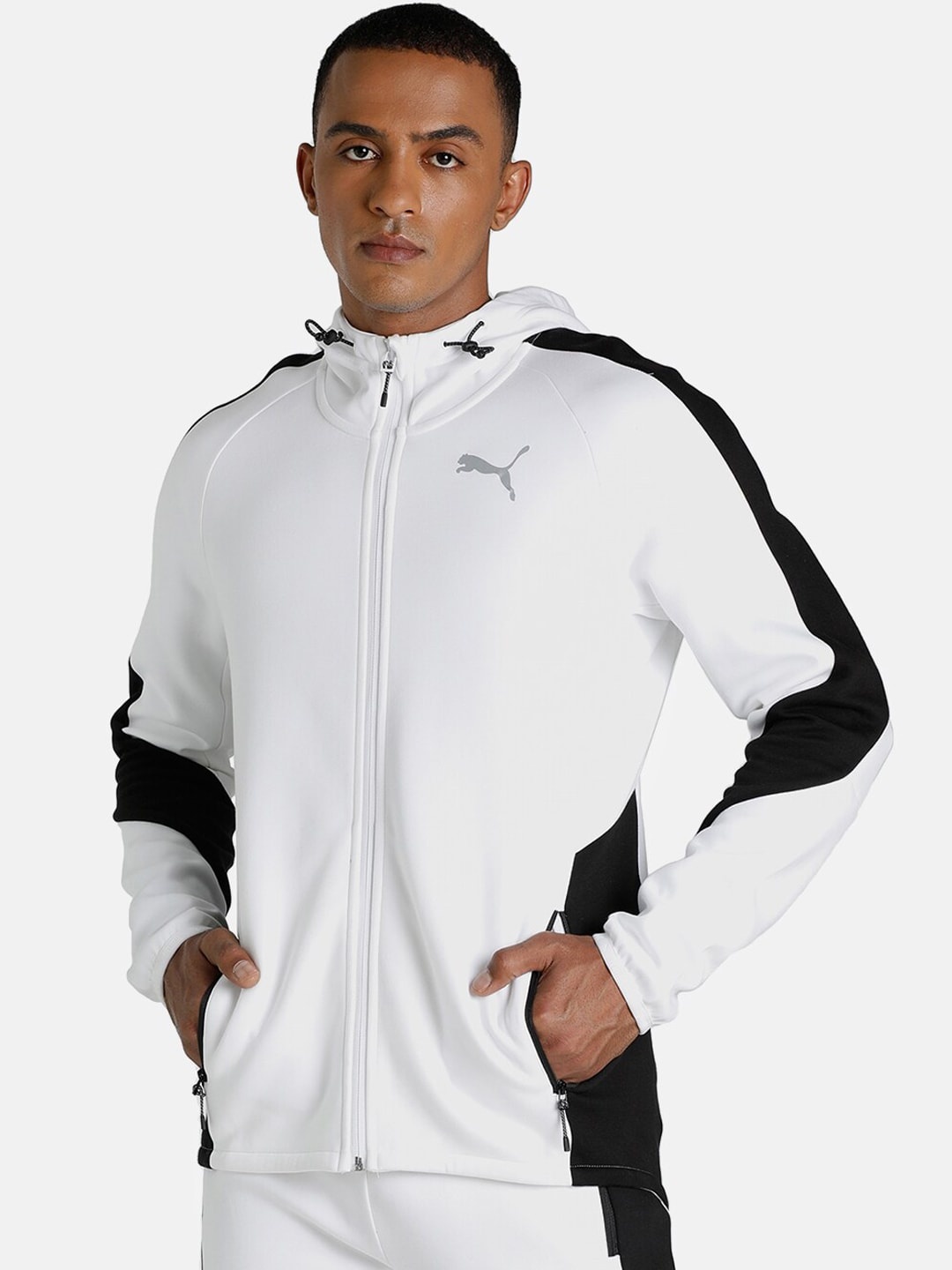 

Puma Men White & Black Colourblocked Evostripe Hooded Cotton Sustainable Slim Jacket
