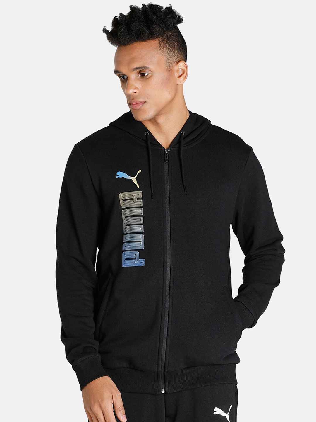 

Puma Men Black Blue Printed Hooded Bomber Track Jacket