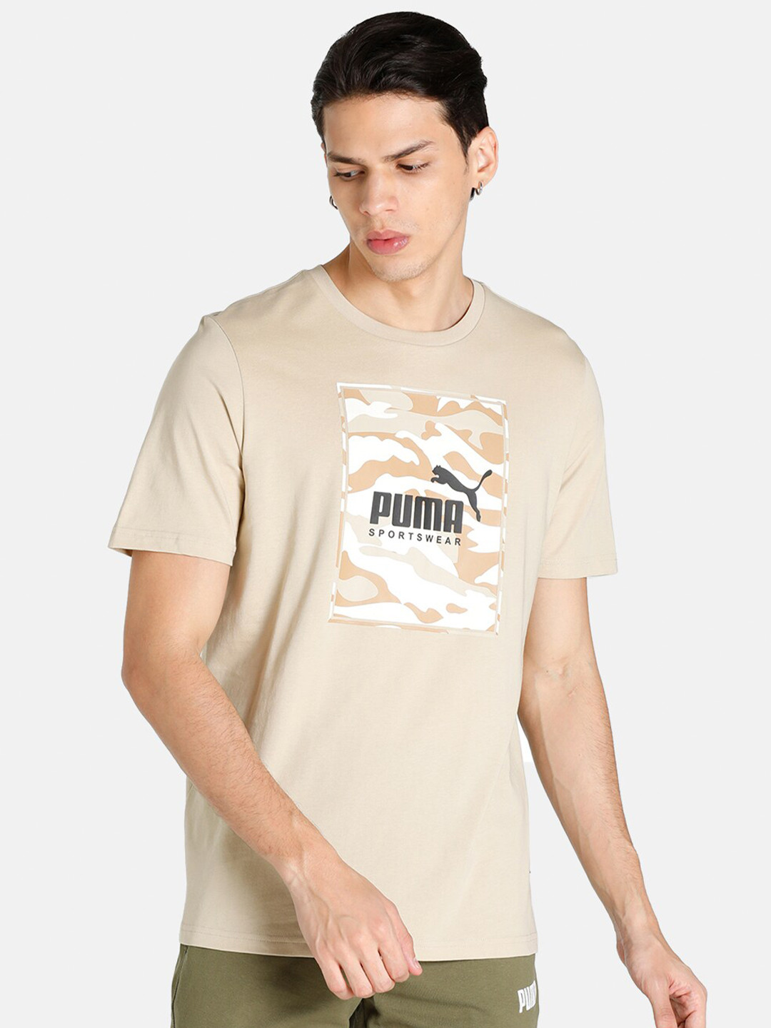 

Puma Men Beige Printed Round Neck Cotton T-shirt