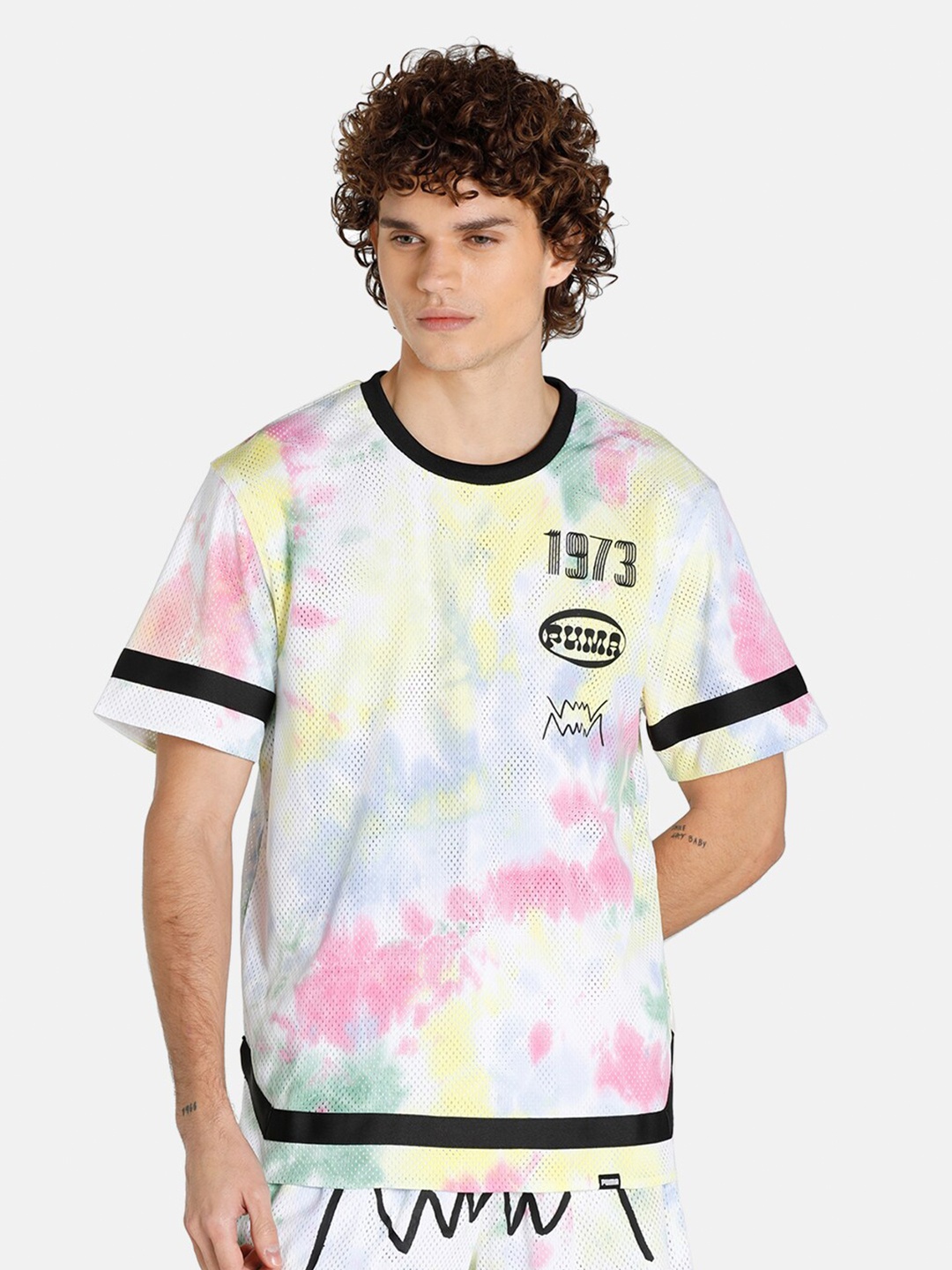 

Puma Men White & Yellow Tie and Dye Printed dryCELL T-shirt