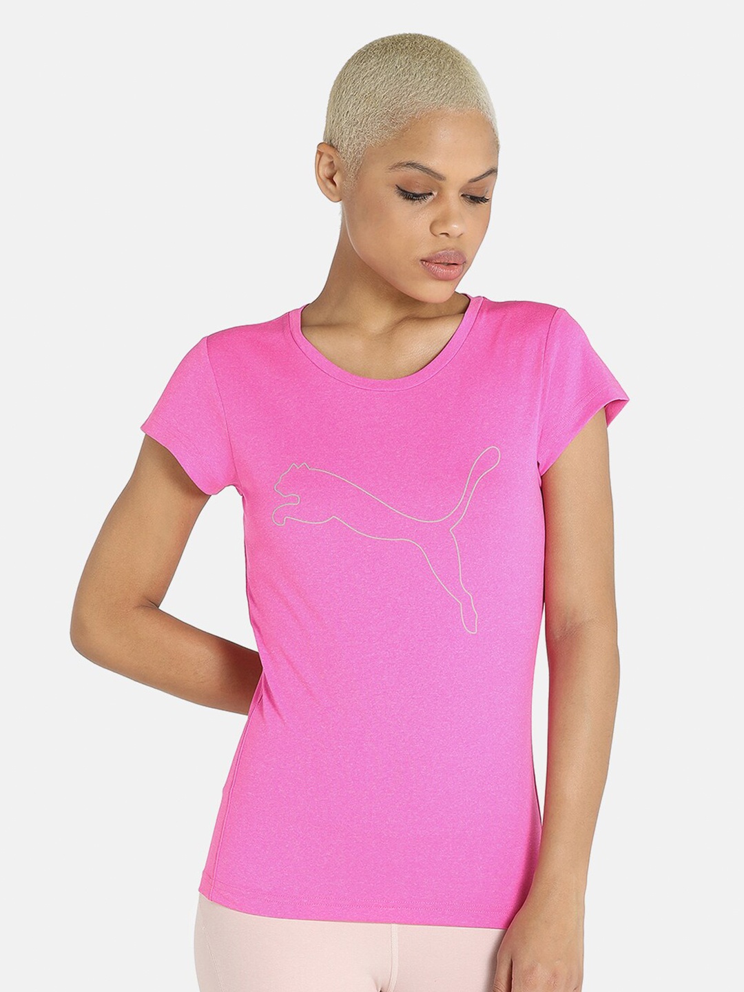 

Puma Women Pink Brand Logo Printed Slim Fit Active Heather T-shirt