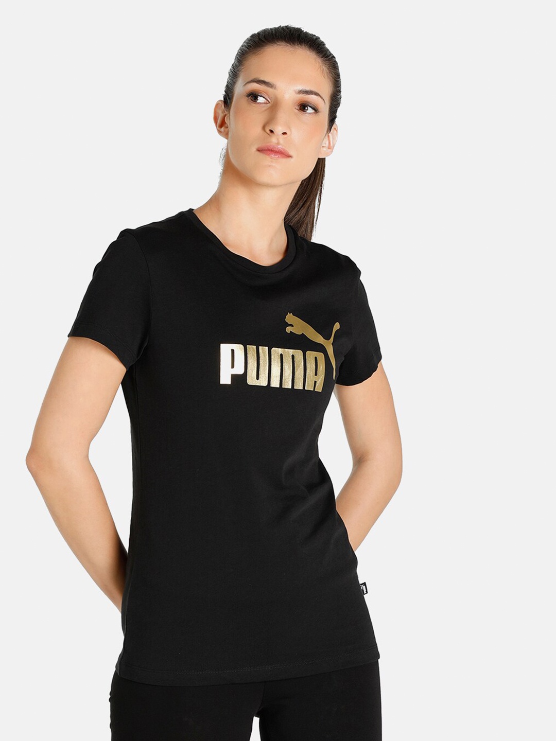 

Puma Women Black Essentials Metallic Logo Printed Regular Fit Cotton T-shirt