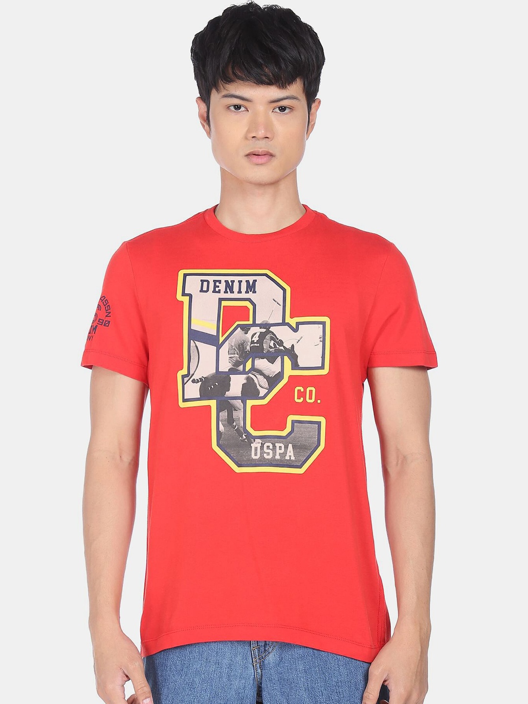 

U.S. Polo Assn. Denim Co. Men Red & Beige Brand Logo Printed Pure Cotton T-shirt