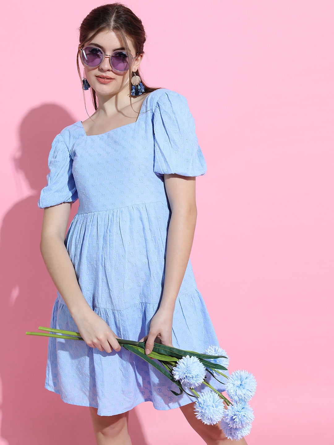 

Tokyo Talkies Women Stunning Blue Self-Design Dress