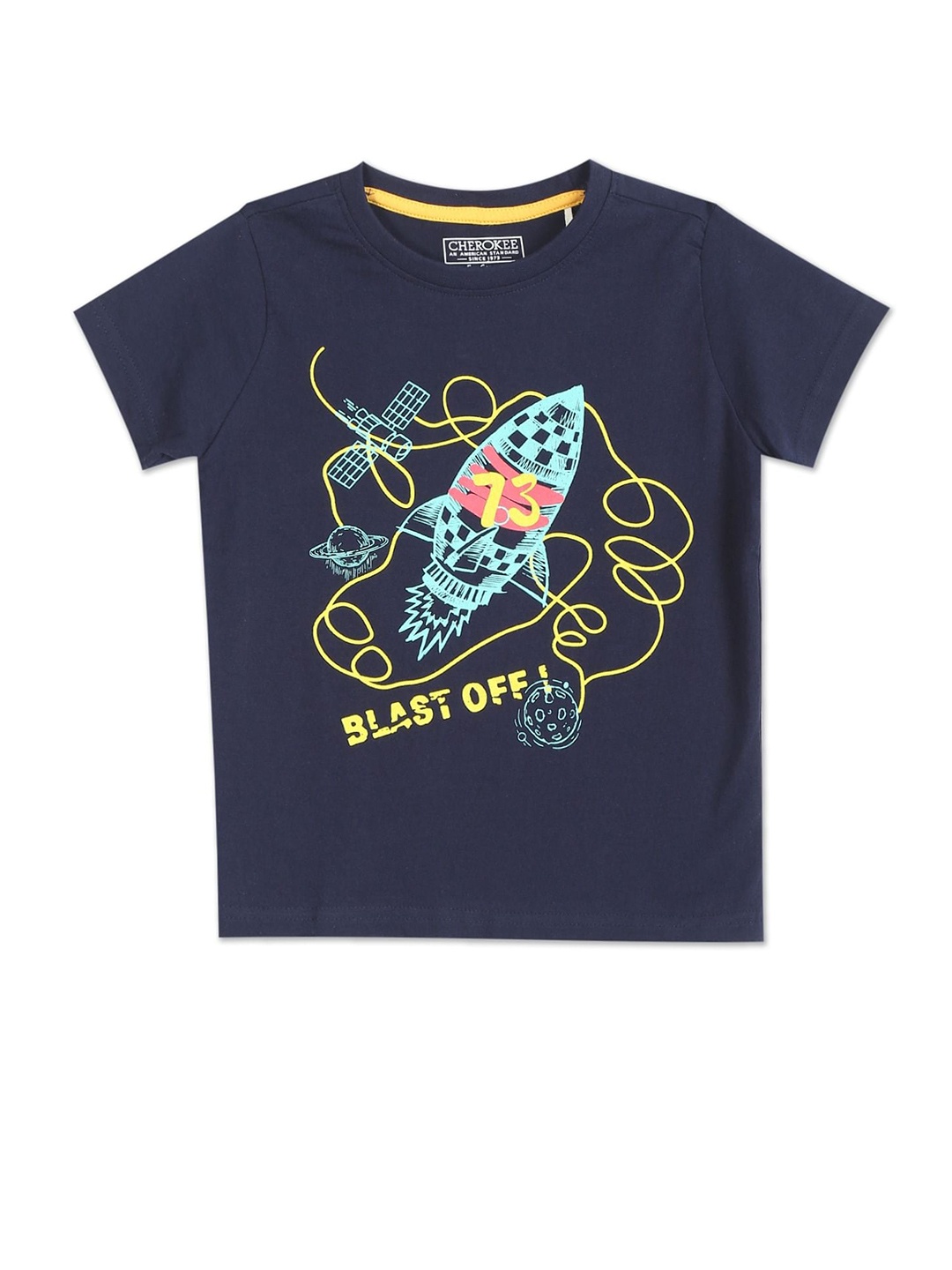 

Cherokee Boys Navy Blue & Yellow Printed Round Neck Cotton T-shirt