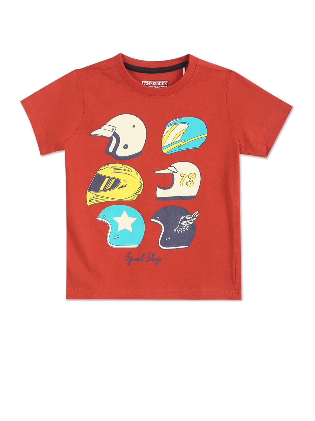 

Cherokee Boys Maroon & Turquoise Blue Printed Cotton T-shirt