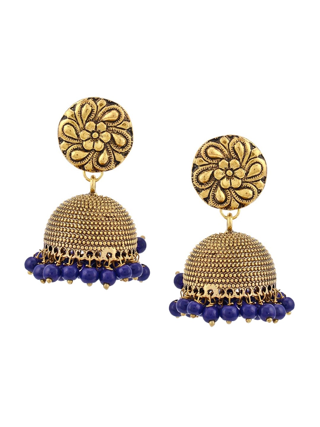 

Tistabene Gold-Plated Blue Floral Oxidised Jhumkas Earrings