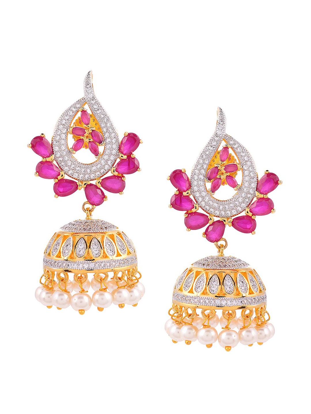 

Tistabene Gold-Plated Pink AD Stone Studded Dome Shaped Jhumkas Earrings
