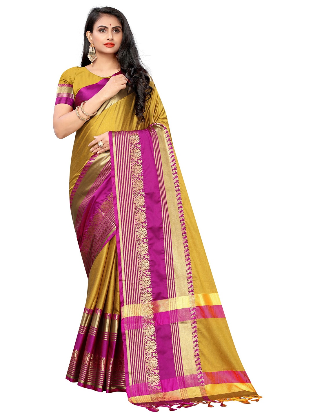 

KALINI Yellow & Pink Woven Design Zari Banarasi Saree