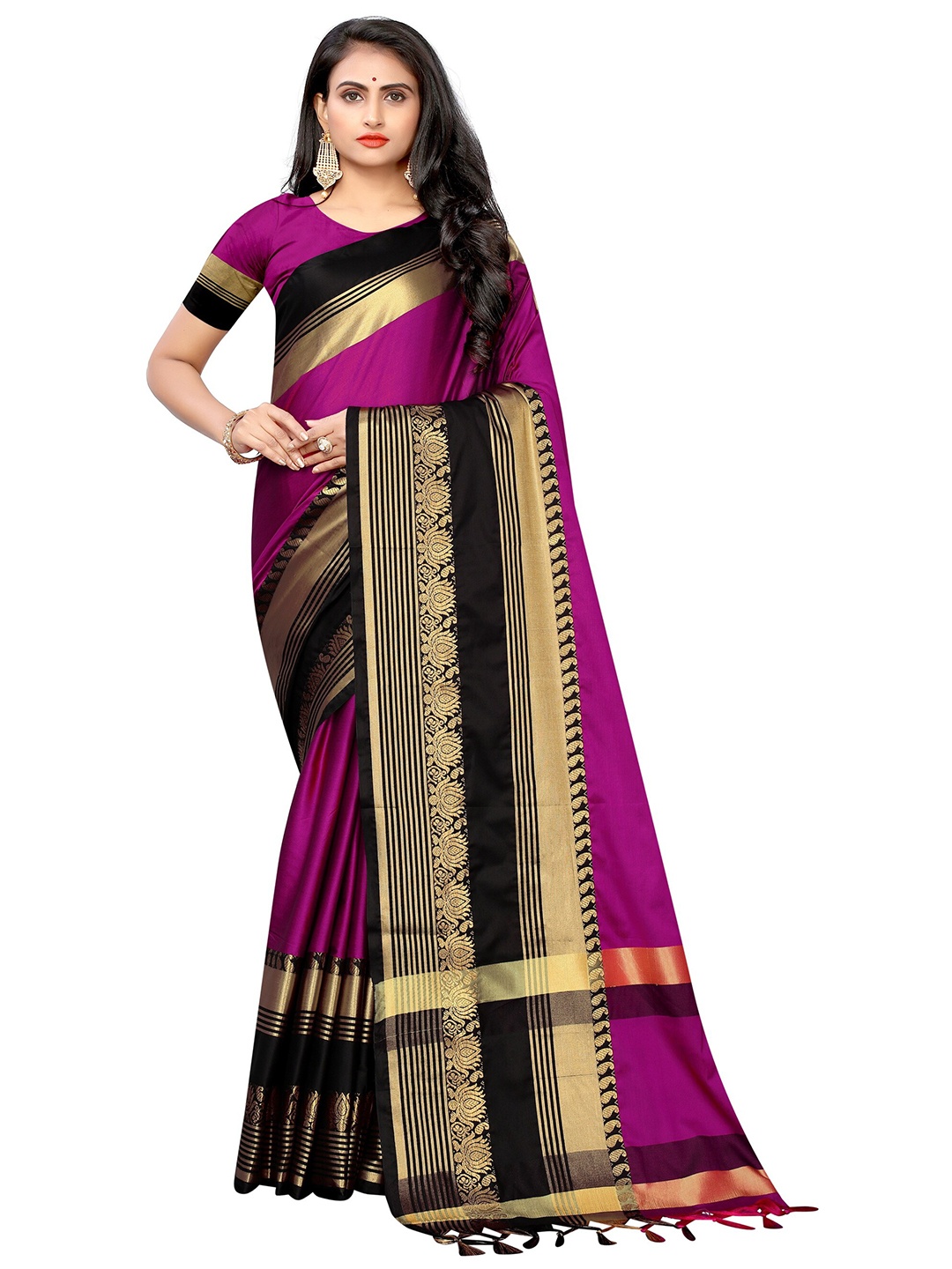 

KALINI Purple & Black Woven Design Zari Banarasi Cotton Blend Saree