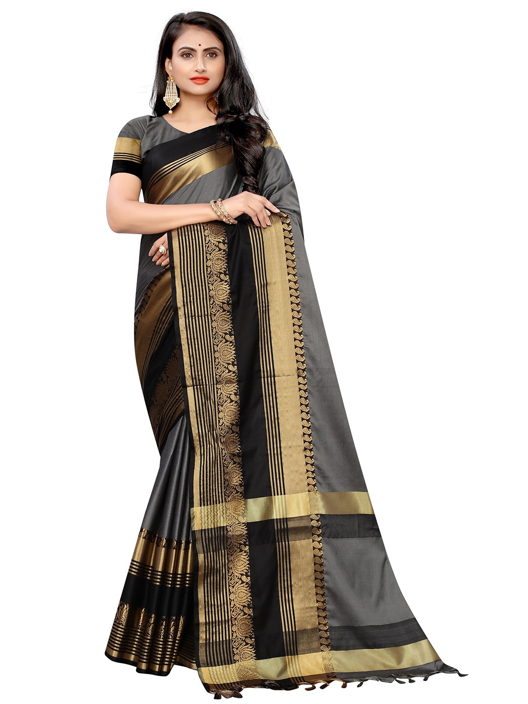 

KALINI Grey & Gold-Toned Woven Design Zari Banarasi Saree