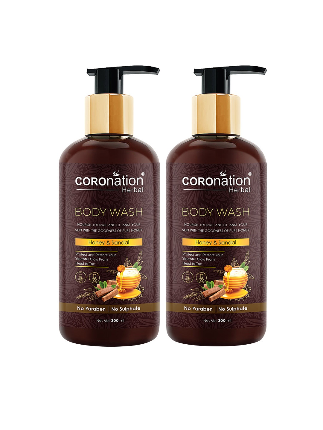 

COROnation Herbal Set of 2 Honey & Sandal Body Wash 300 ml Each, Brown