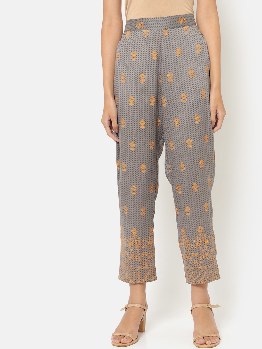 

Saaki Women Grey Floral Printed Silk Tapered Fit Trousers